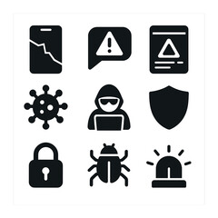 Digital Misinformation Icons. Solid, filled icons set of misinformation in digital communication: broken phone
