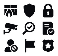 Misinformation Prevention Icons. Solid, filled icons set of misinformation prevention tools: firewall, shield,