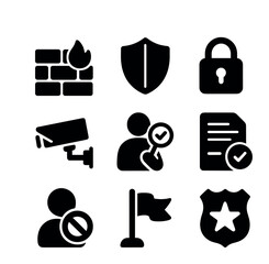 Misinformation Prevention Icons. Solid, filled icons set of misinformation prevention tools: firewall, shield,