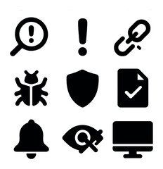 Misinformation Detection Icons. Solid, filled icons set of digital misinformation detection: magnifying glass,