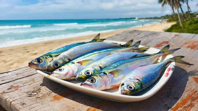 Plate with sardines on the beach.