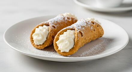 Two cannoli pastries filled with cream and dusted with powdered sugar on a white plate close up view