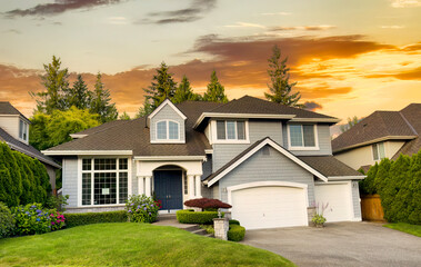 Street view of home with early summer time sunset with blooming flowers, green grass lawn yard and shrubs