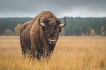 Big massive bison in the field. Bison tell ten yell day on 2nd September