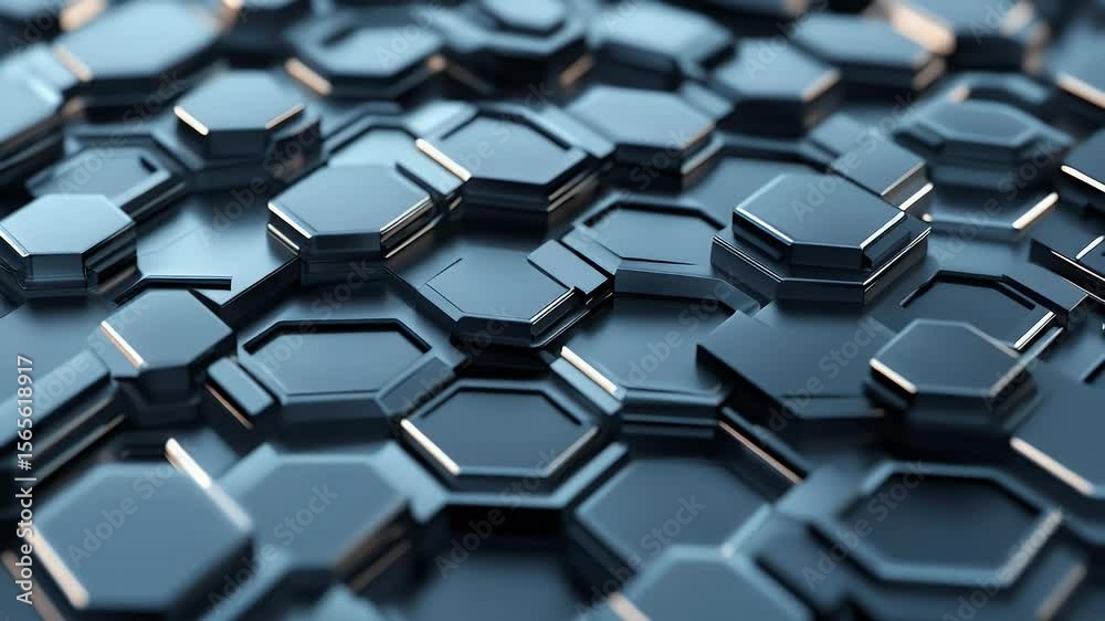 Poster abstract 3d rendering of geometric hexagonal shapes in shades of blue and gray. metallic surface wit