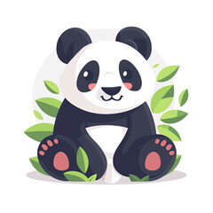 Fototapeta premium Cute cartoon panda surrounded by green leaves, displaying a cheerful and playful demeanor.