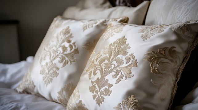 Ornate, cream-colored pillows with gold embroidery.