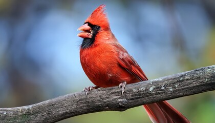 Fototapeta premium vibrant crimson cardinal perched on a branch vocalizing