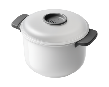Microwave rice cooker with a vented lid, convenient for quick meals in a college dorm.