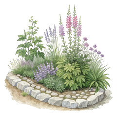 Watercolor illustration of a blooming garden bed with pink and purple flowers and green foliage