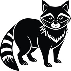 Obraz premium Stylized black and white raccoon silhouette with striped tail and masked face .eps