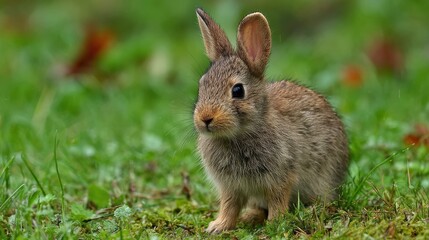 A scared baby rabbit on a meadow in a park. In shock, unsure whether to flee. Very common in Frankfurt parks. Wet after a rain shower , no logos, no brands