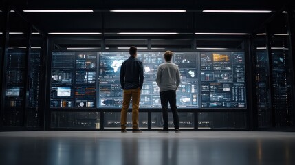 Data Analysis Duo: A focused team of IT professionals collaborates, reviewing data on a large interactive screen in a modern server room.
