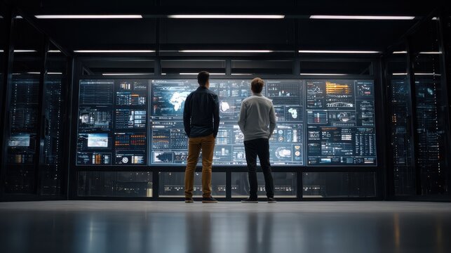 Data Analysis Duo: A focused team of IT professionals collaborates, reviewing data on a large interactive screen in a modern server room.