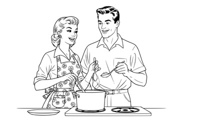 ,"1950s retro couple cooking together in the kitchen, woman wearing apron stirring pot, man smiling holding a spoon, black and white line art, vintage style generative ai
