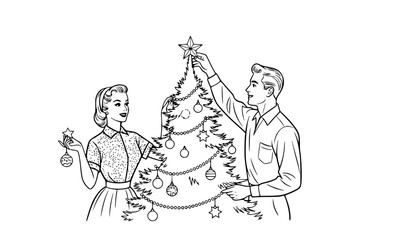 "1950s vintage couple decorating a Christmas tree together, woman holding ornaments, man placing a star on top, retro style, black and white line art illustration, white background.generative ai