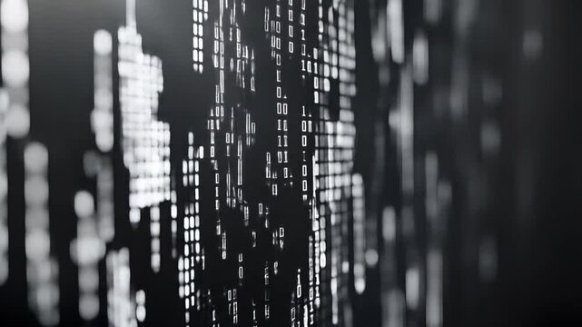 Abstract digital display of data.  A close-up view of a grid filled with light and dark rectangular blocks, resembling code or data streams. The image evokes a sense of complexity and technology