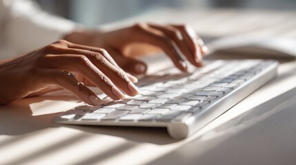 Closeup of hands typing on white computer keyboard, modern workspace, technology and business concept, natural light, productivity and focus