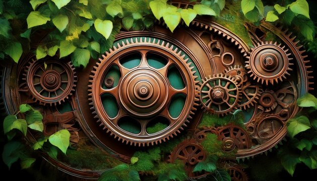 rusty gears interlocked overgrown with vibrant green vines showcasing industrial history and nature s reclamation