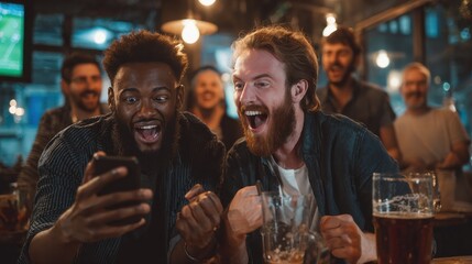 Excited men watching football in streaming on smartphone. Football fans watching game on phone and celebrating victory score at pub. Happy supporters cheering and exulting after winning an online bet