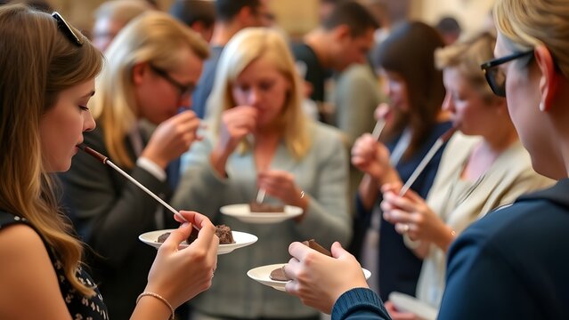 People tasting chocolate samples at a tasting event with small plates