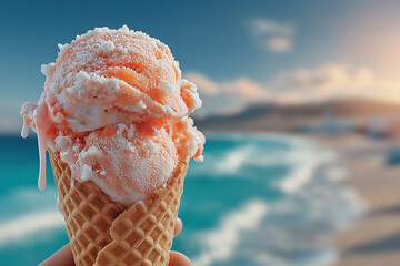 Cornets de glace artisanale en bord de mer sous le soleil estival, ambiance fraîche et gourmande