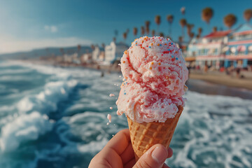 Cornets de glace artisanale en bord de mer sous le soleil estival, ambiance fraîche et gourmande
