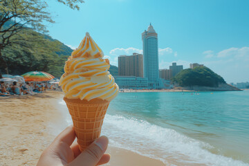 Cornets de glace artisanale en bord de mer sous le soleil estival, ambiance fraîche et gourmande