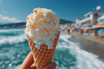 Cornets de glace artisanale en bord de mer sous le soleil estival, ambiance fraîche et gourmande