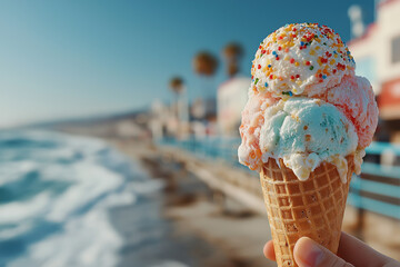 Cornets de glace artisanale en bord de mer sous le soleil estival, ambiance fraîche et gourmande