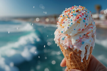 Cornets de glace artisanale en bord de mer sous le soleil estival, ambiance fraîche et gourmande