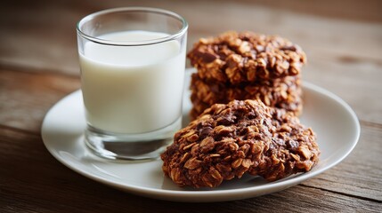 food, junk-food, culinary, baking and eating concept - close up of chocolate oatmeal cookies and milk glass on plate, no logos, no brands