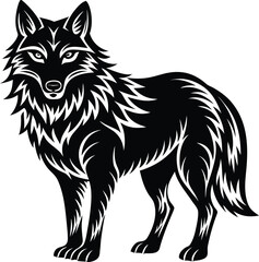 Fototapeta premium Stylized black wolf standing proudly with detailed fur and fierce eyes silhouette .eps
