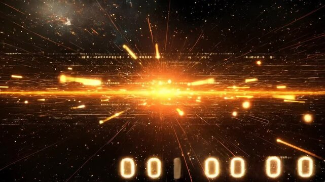 Cosmic digital explosion, golden light streaks across a dark space filled with numbers.  Stars and glowing particles - Powered by Adobe
