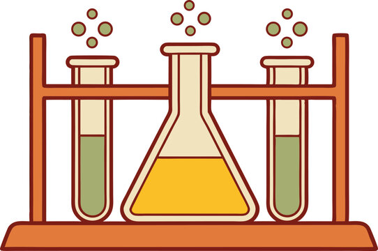 Science equipment in rack with bubbling chemicals for experiments testing vector illustration