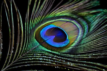 Naklejka premium Extreme close up macro shot of a vibrant peacock feather eye on black background