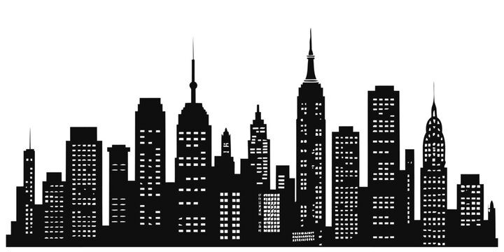 Black silhouette of urban skyline with modern city buildings vector illustration on White background