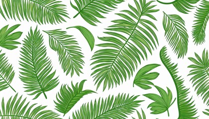 seamless pattern of tropical green palm leaves and branches isolated on white
