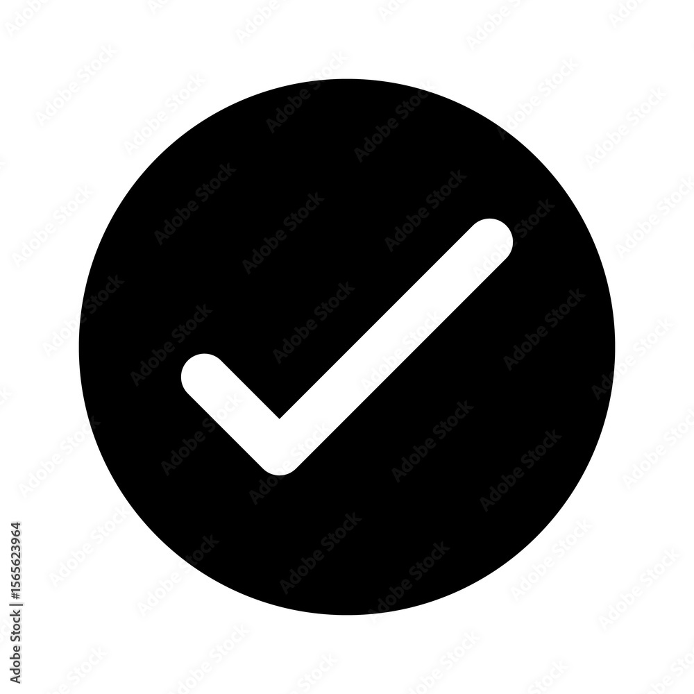 Poster white check mark icon on black round circle transparent background png file type flat style tick ico
