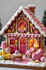 Fototapeta premium Whimsical gingerbread house adorned with colorful decorations