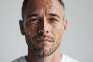 Fototapeta premium Half-real, half-AI generated face reveals the intersection of technology and human identity