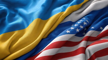 Ukraine, United States, and Russia flags are presented on white, representing international relations and diplomacy.