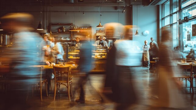 Blurred customers walking fast movement in coffee shop or cafe restaurant, light cream, Blurred restaurant background with some people and chefs and waiters working