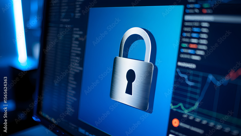 Poster metallic silver padlock icon displayed on a blue computer screen with blurred financial data graphs 