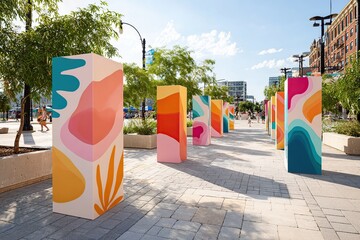 Naklejka premium Colorful art installation brightens public space with vibrant designs and natural elements