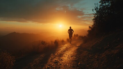 A lone runner silhouetted against a vibrant sunrise on a dew-kissed mountain trail, mid-stride, capturing a sense of freedom and energy. Cinematic lighting, wide angle.