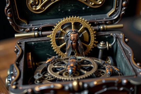 Ornate music box with intricate gears and insects