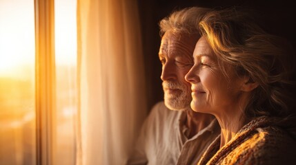 Loving senior couple enjoying a peaceful moment together basking in the warm golden glow of the morning sunlight streaming through the window