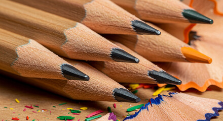A macro shot of pencil tips and colored shavings.