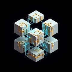 Gray Cubes Networked Gold Wiring Blue Connections Dark Background